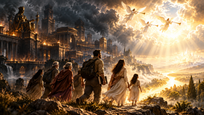 Ilustração profética de fiéis saindo de Babilônia em direção à luz celestial, representando o chamado de Deus em Apocalipse 18:4.